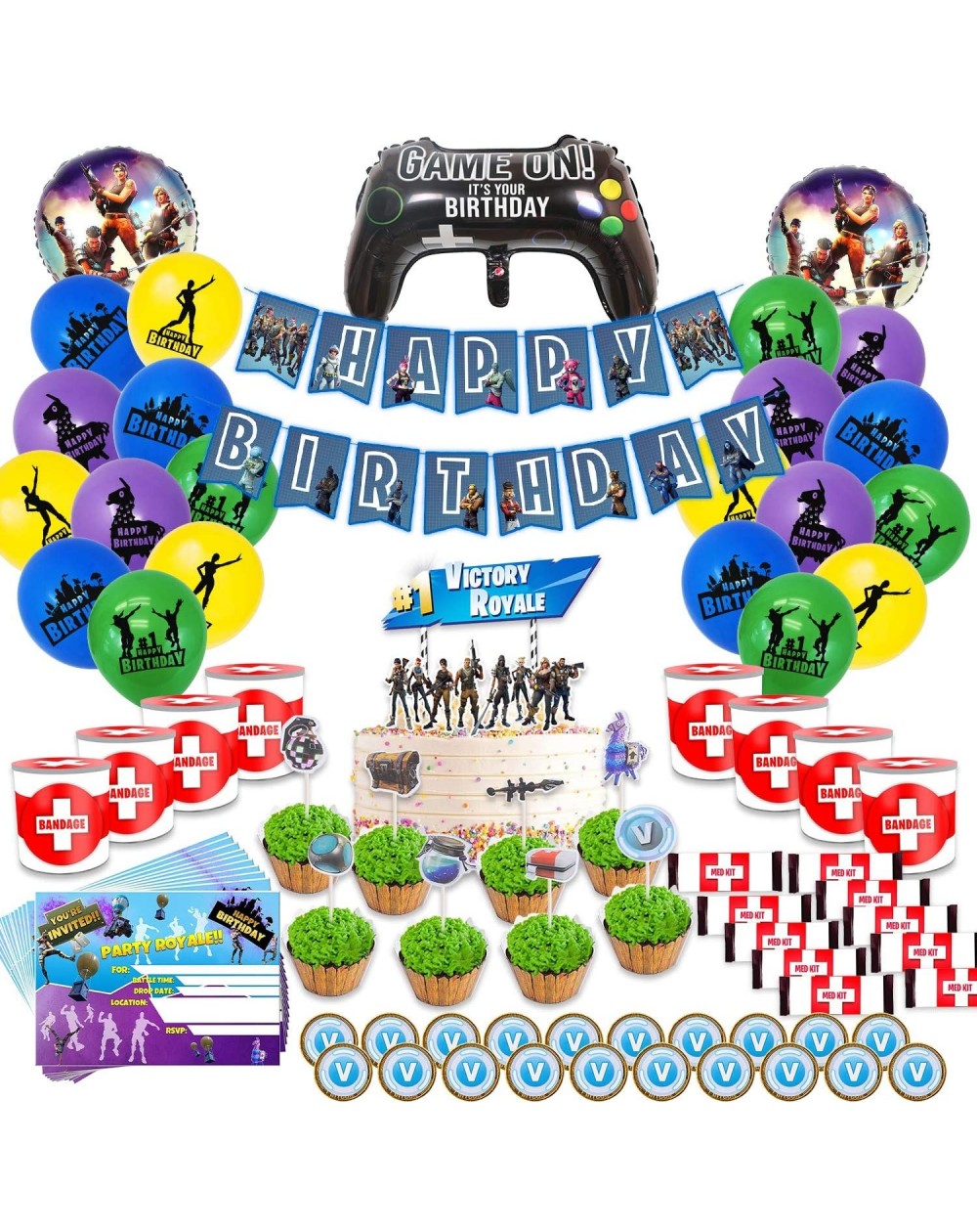 Party Packs Video Game Party Supplies Includes Cake- Cupcake Toppers- Balloons- Banner- Invitation Cards- Chocolate Coins- Ch...