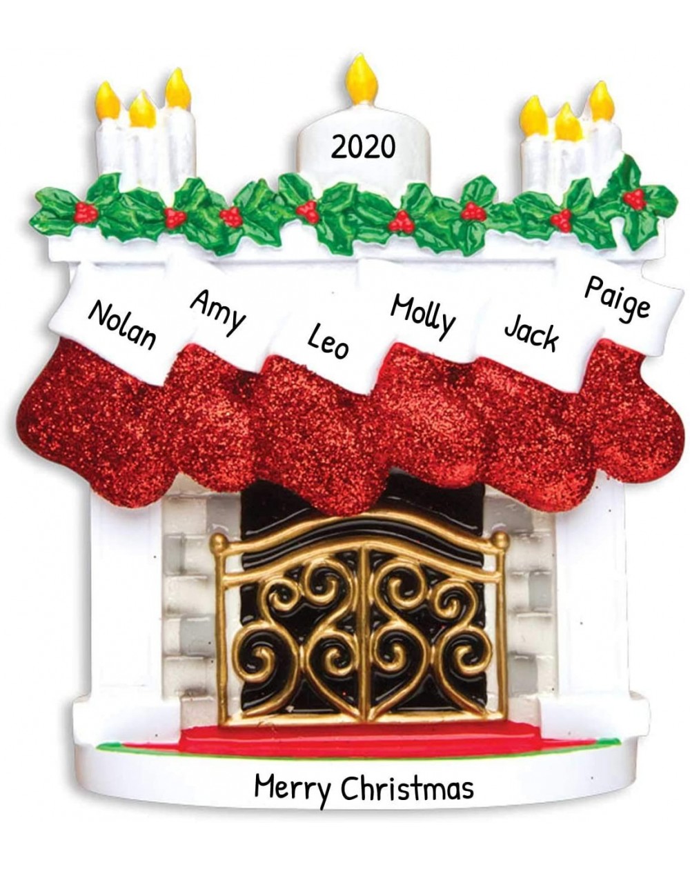 Ornaments Personalized Mantle Family of 6 Christmas Tree Ornament 2020 - Elegant Fireplace Red Glitter Stockings Candles Pare...