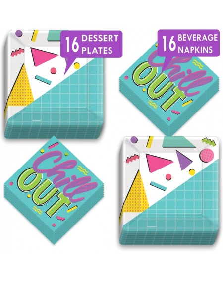 Party Packs Awesome 80's and 90's Party Supplies - Rad Shapes Square Paper Dessert Plates and"Chill Out" Beverage Napkins (Se...