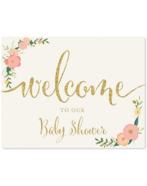 Favors Baby Shower Party Signs- Faux Gold Glitter with Peach Coral Floral Flowers- 8.5x11-inch- Welcome to Our Baby Shower- 1...