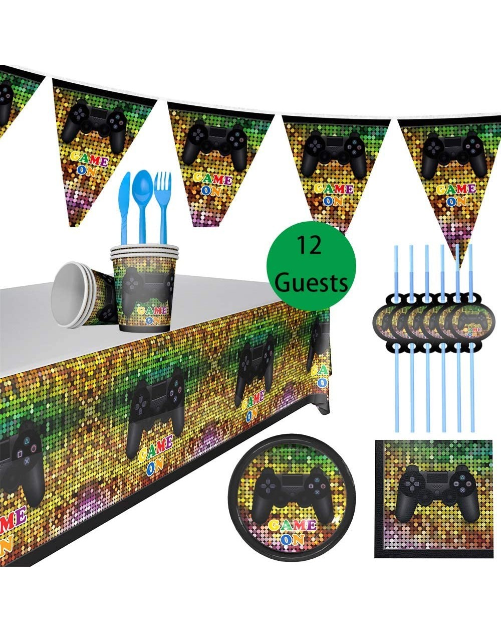 Party Packs 94cs Video Game Party Supplies Include Plates- Cups- Napkins- Banner- Table Cover- Utensils Pack for Game Birthda...