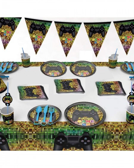 Party Packs 94cs Video Game Party Supplies Include Plates- Cups- Napkins- Banner- Table Cover- Utensils Pack for Game Birthda...