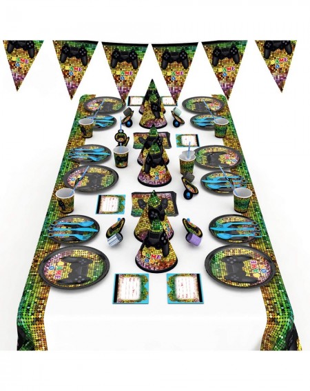 Party Packs 94cs Video Game Party Supplies Include Plates- Cups- Napkins- Banner- Table Cover- Utensils Pack for Game Birthda...