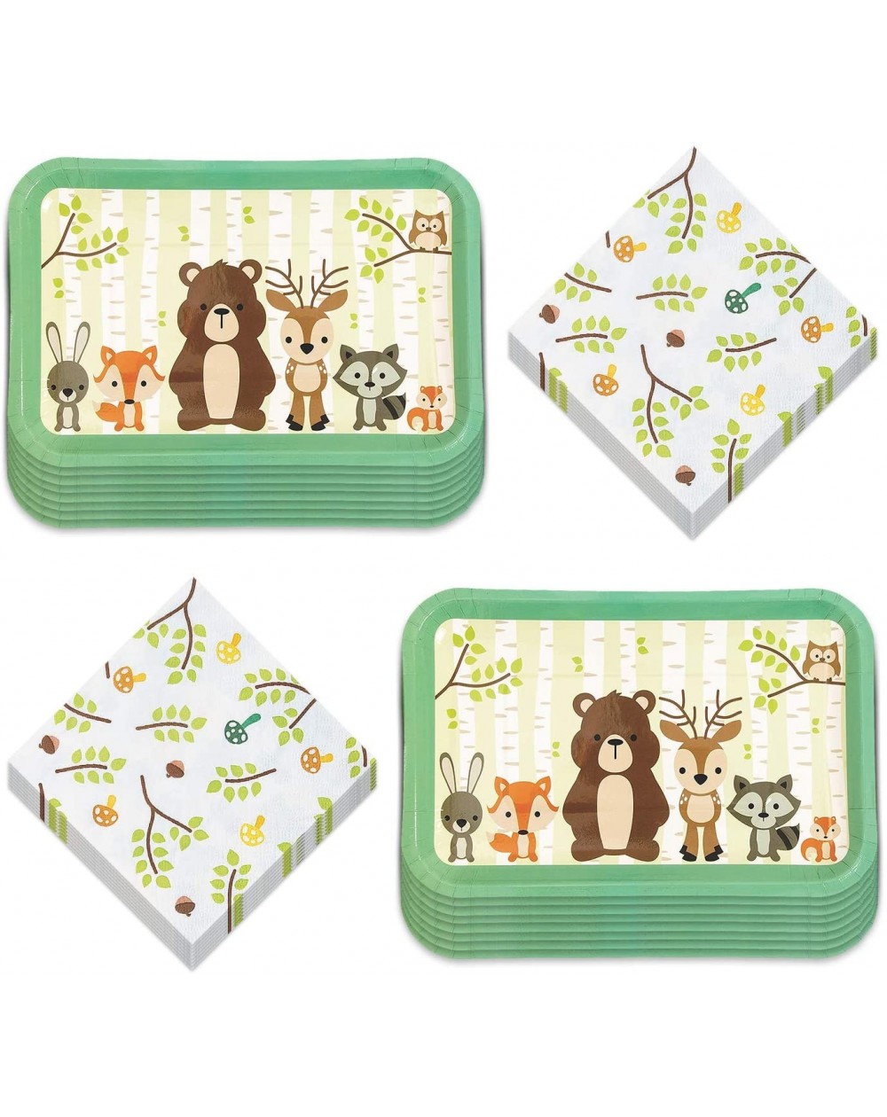 Party Packs Woodland Theme Party Creatures Rectangle Paper Dessert Plates and Beverage Napkins (Serves 16) - Woodland Theme P...