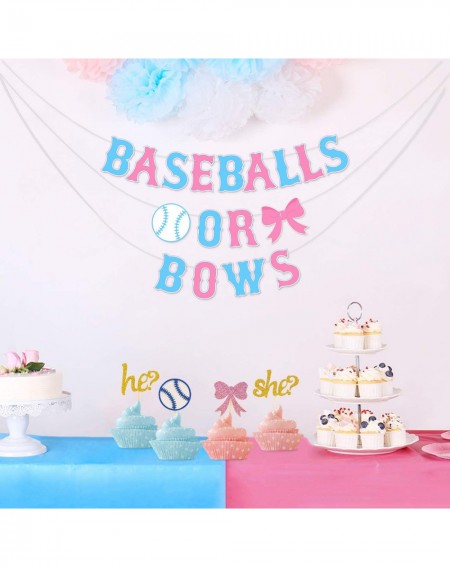 Banners Baseballs or Bows Gender Reveal Banner Boy or Girl Baby Shower Garland Blue or Pink Gender Reveal Party Pregnancy Ann...