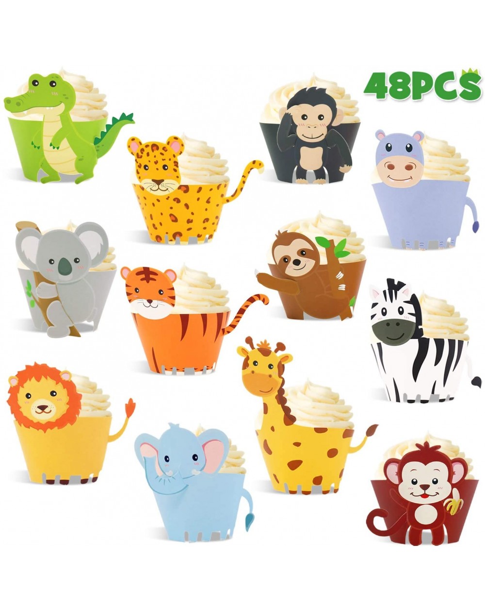 Cake & Cupcake Toppers 48pcs Jungle Safari Animal Cupcake Wrapper Wild One Birthday Photo Booth Props Zoo Party Supplies Baby...