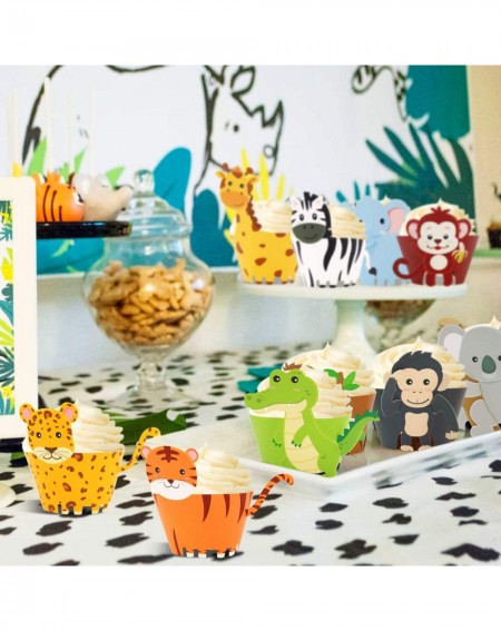 Cake & Cupcake Toppers 48pcs Jungle Safari Animal Cupcake Wrapper Wild One Birthday Photo Booth Props Zoo Party Supplies Baby...