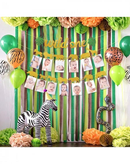 Banners Safari Jungle Animal 1st Birthday Banner Wild One Garland Gold First Year Photo Banner Baby Kid DIY Zoo Party Decorat...