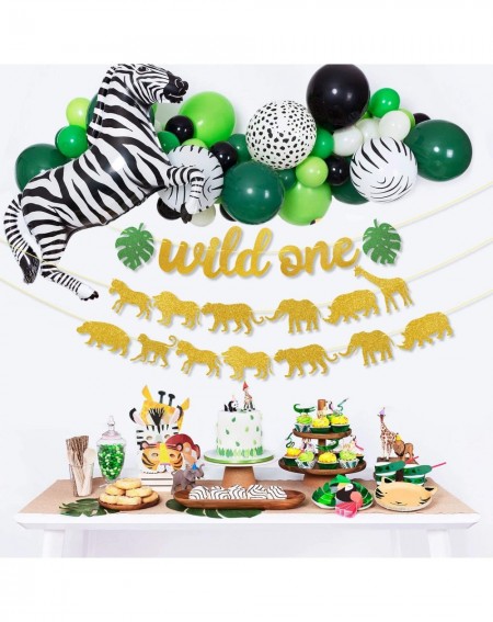 Banners Safari Jungle Animal 1st Birthday Banner Wild One Garland Gold First Year Photo Banner Baby Kid DIY Zoo Party Decorat...