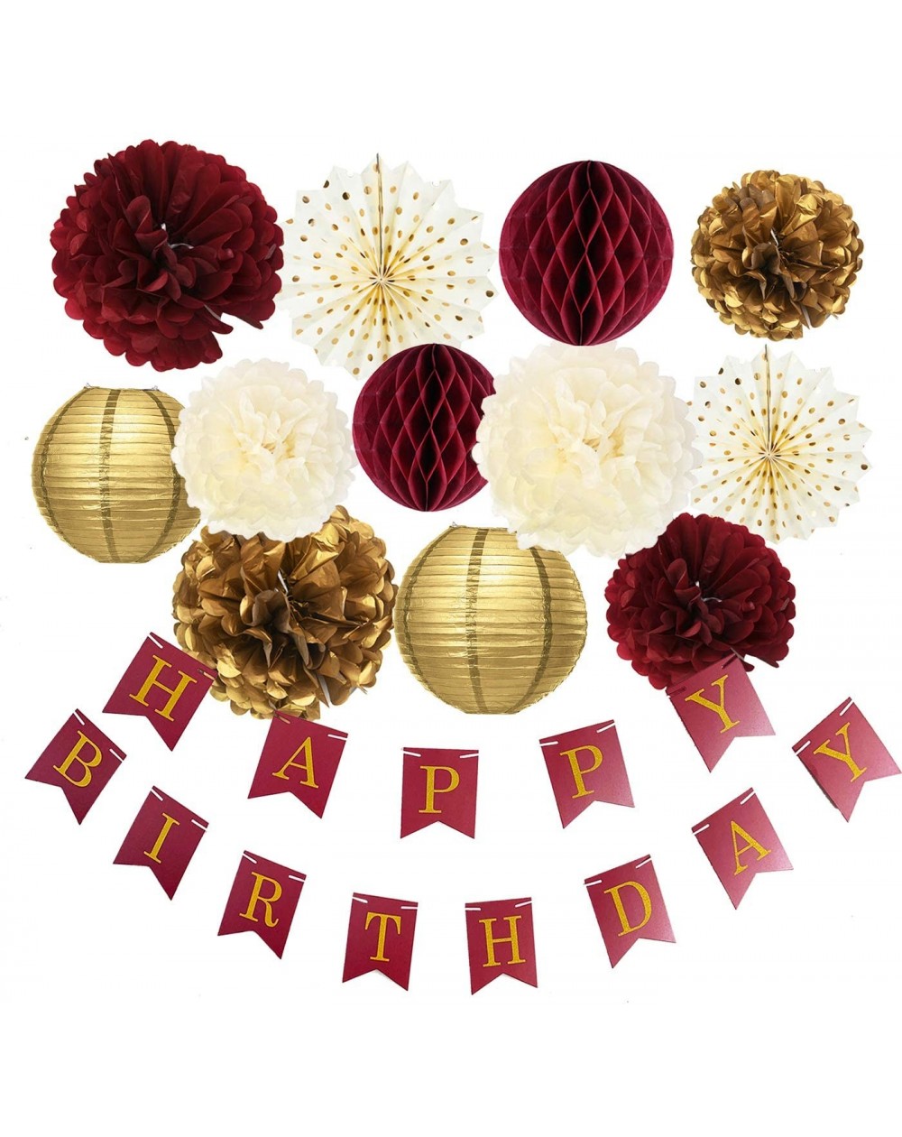 Tissue Pom Poms Burgundy Gold Birthday Party Decorations Burgundy Gold Happy Birthday Banner Tssue Pom Pom Honeycomb Balls Po...