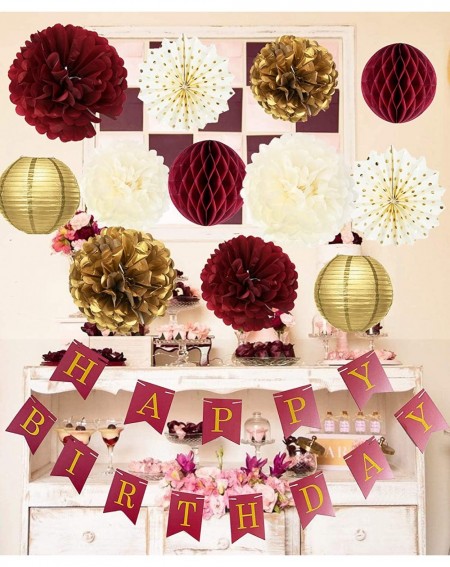 Tissue Pom Poms Burgundy Gold Birthday Party Decorations Burgundy Gold Happy Birthday Banner Tssue Pom Pom Honeycomb Balls Po...