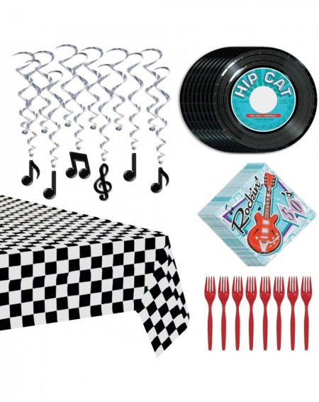 Party Packs 50s Party Decorations - Paper Plates Rock Napkins Diner Tablecover Hanging Whirls and Plastic Forks (Serves 8) - ...