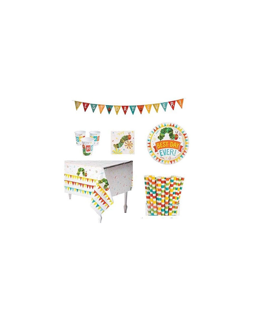 Tablecovers Hungry Caterpillar Party Supplies Bundle - Plates- Cups- 24 Straws- Tablecloth- andBest Day Every Banner and Part...