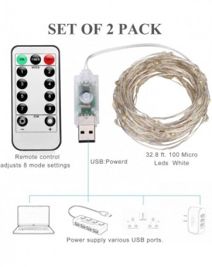 Indoor String Lights 2 Pack 33ft 100 LED Copper Wire String Lights Fairy String Lights 8 Modes LED String Lights USB Powered ...