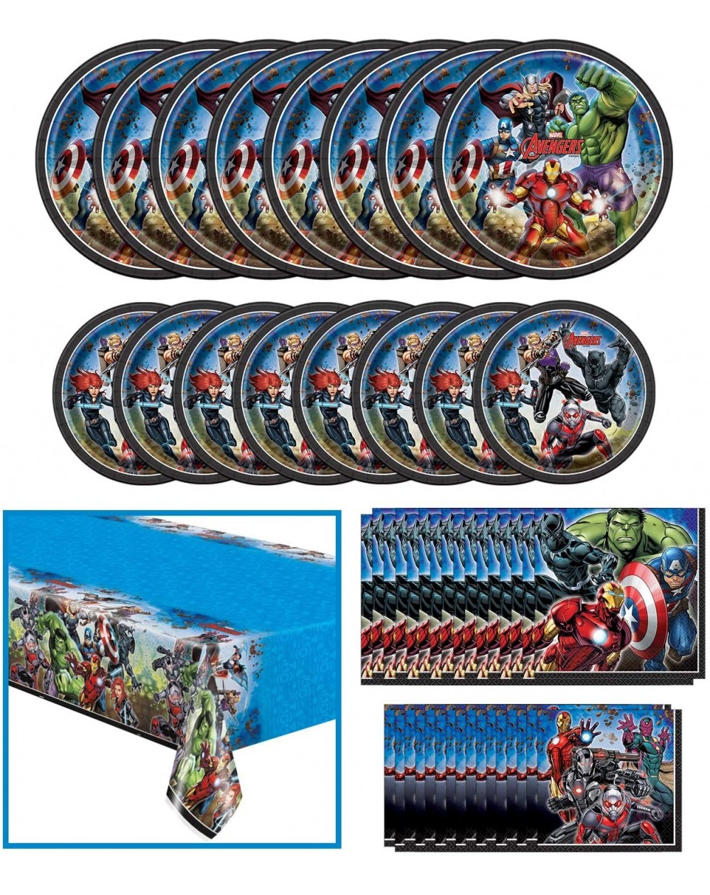 Party Packs Marvel's Avengers Movie Dinnerware Bundle Officially Licensed - Plates- Napkins- Tablecover - Great for Kids Birt...