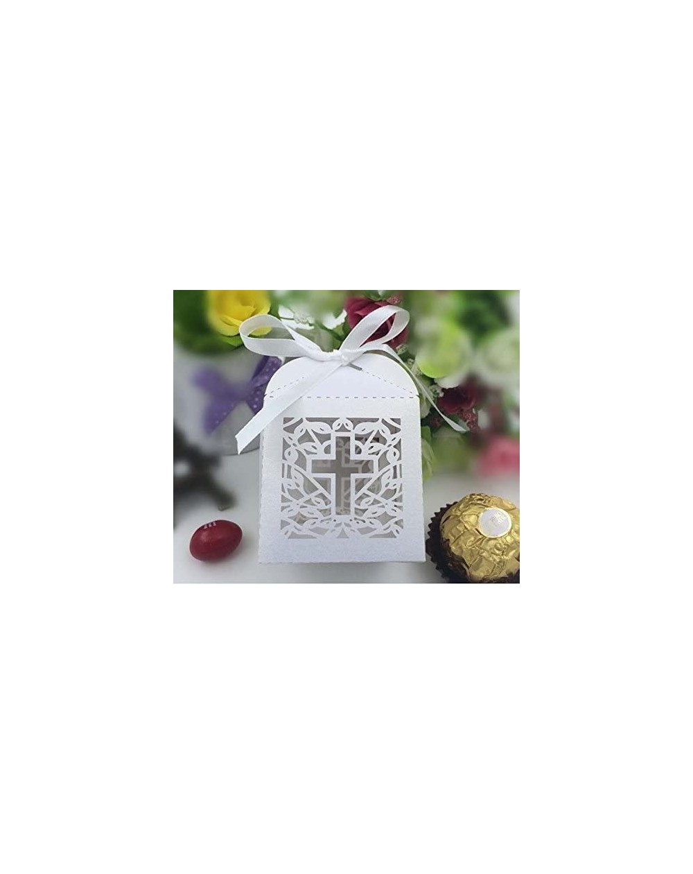 Favors New Design 50 Pack Cross Laser Cut Favor Box Christening Baby Shower Bomboniere with Ribbons Party Favors (White) - Wh...