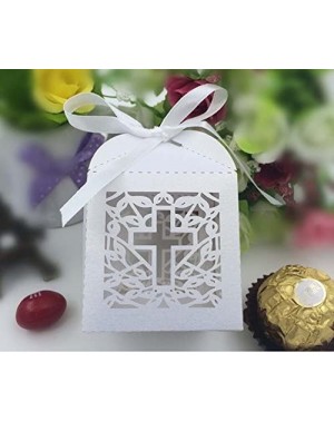 Favors New Design 50 Pack Cross Laser Cut Favor Box Christening Baby Shower Bomboniere with Ribbons Party Favors (White) - Wh...