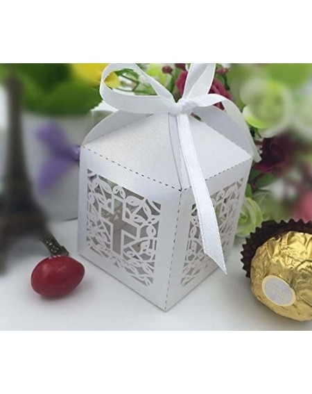 Favors New Design 50 Pack Cross Laser Cut Favor Box Christening Baby Shower Bomboniere with Ribbons Party Favors (White) - Wh...