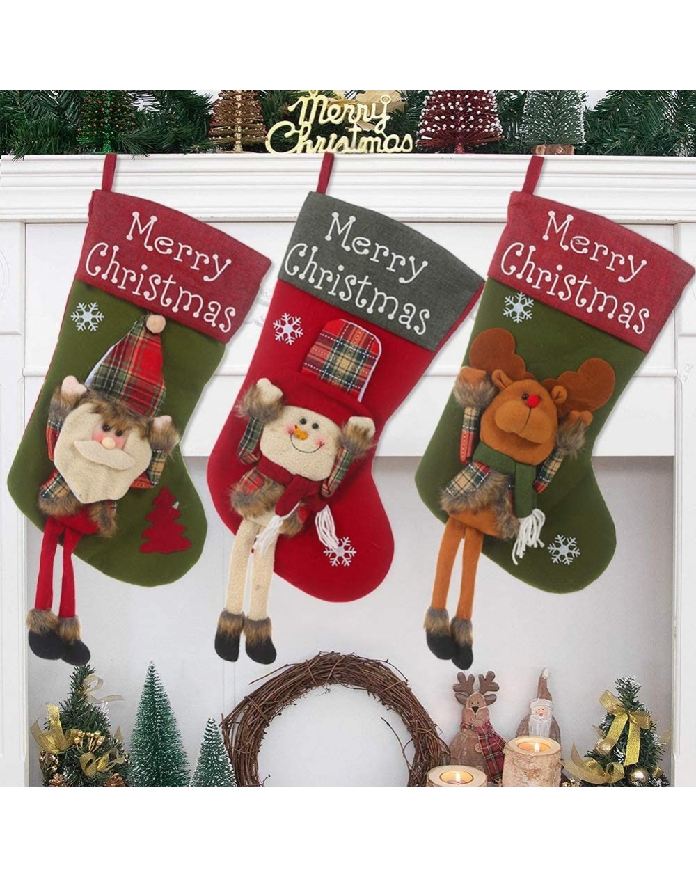 Stockings & Holders 3Pcs Christmas Stockings Large 3D Plush Xmas Stockings Cotton and Burlap Santa Snowman Reindeer Stockings...