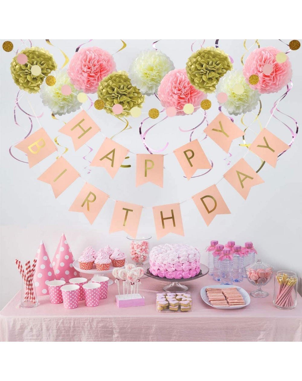 Birthday Decorations- Pink and Gold Happy Birthday Decorations for ...