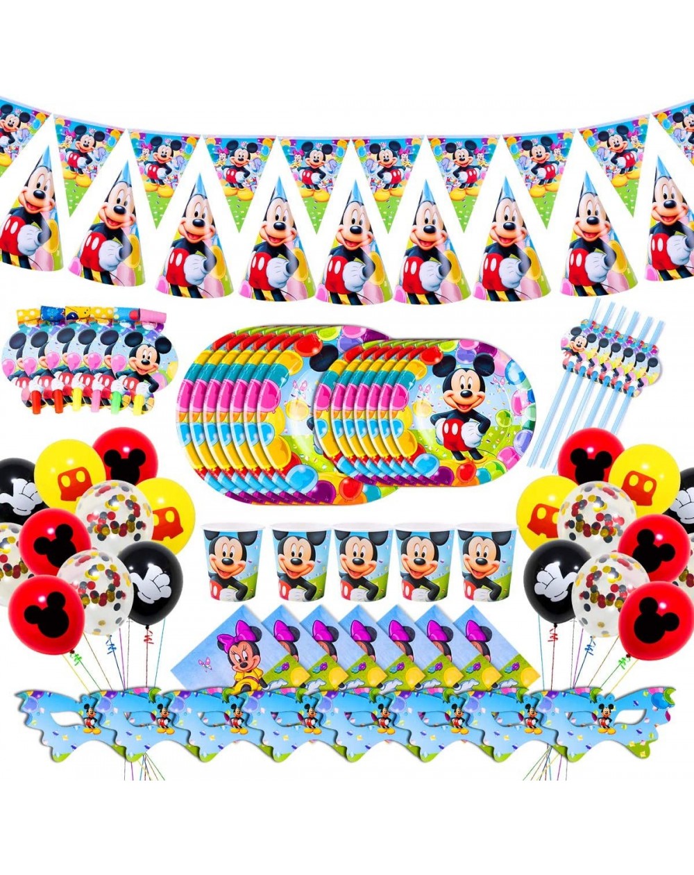 Party Packs Mickey Mouse Party Suppliers-135 Pieces Mouse Birthday Party Decorations for 12 Guest- Plates- Napkins- Cups- Str...