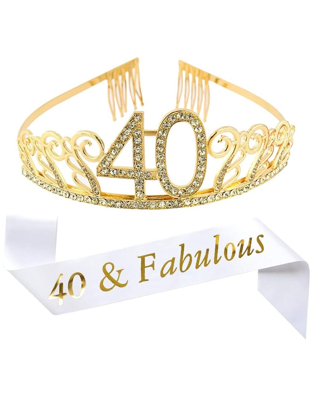 Party Packs 40th Birthday Gold Tiara and Sash- White Glitter Satin Sash"40 & Fabulous" and Crystal Rhinestone Birthday Crown ...