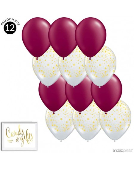 Balloons 11-inch Latex Balloon Duo Party Kit with Gold Cards & Gifts Sign- Burgundy and Clear with Gold Stars- 12-pk - Burgun...