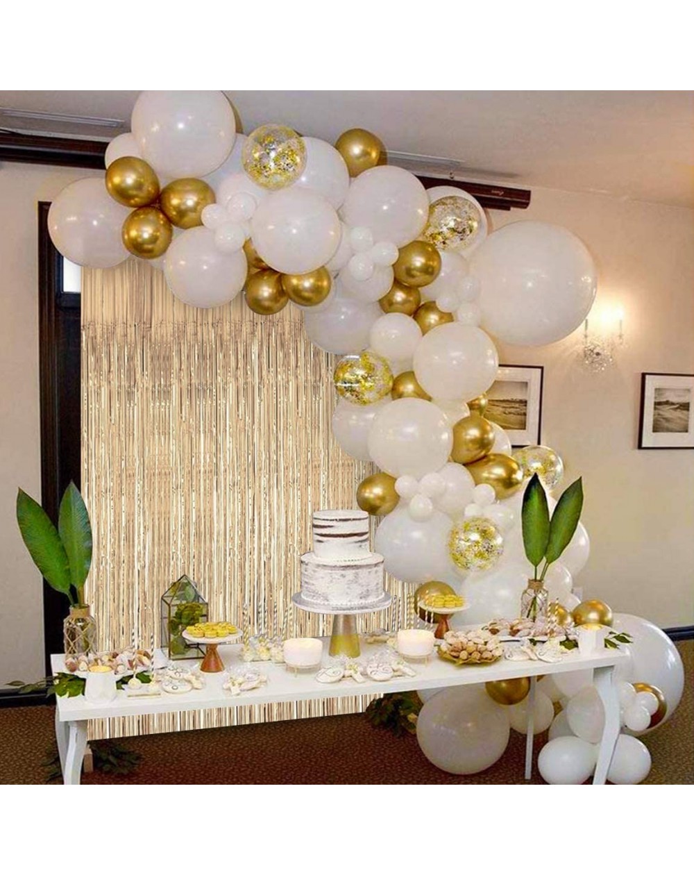 White Gold Balloon Garland Kit with Gold Tinsel Curtain White Gold ...