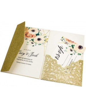 Invitations 25pcs 5"x7.28" Light Gold Glitter Vine Tri Fold Pocketfold Wedding Invitations Cards pocket Pearl Paper Laser Cut...