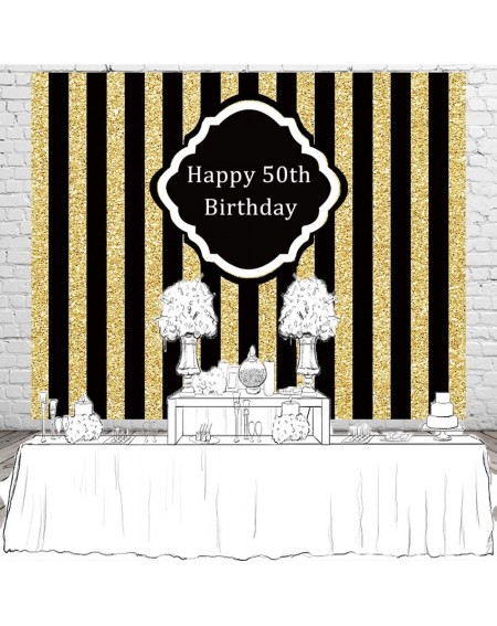 Photobooth Props 8x6ft Happy 50th Birthday Party Backdrop Black and Gold Glitter Stripe Photography Background Adults Childre...