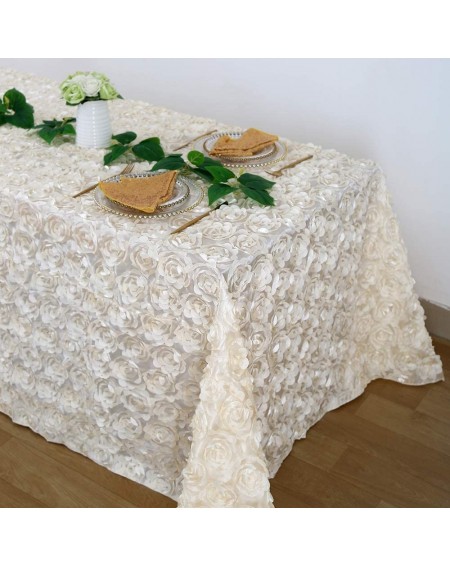 Tablecovers 3D Satin Rosette Rectangle Tablecloth 90 x132 Inches Ivory Satin Raised Rosettes Tablecloth for Wedding Valentine...