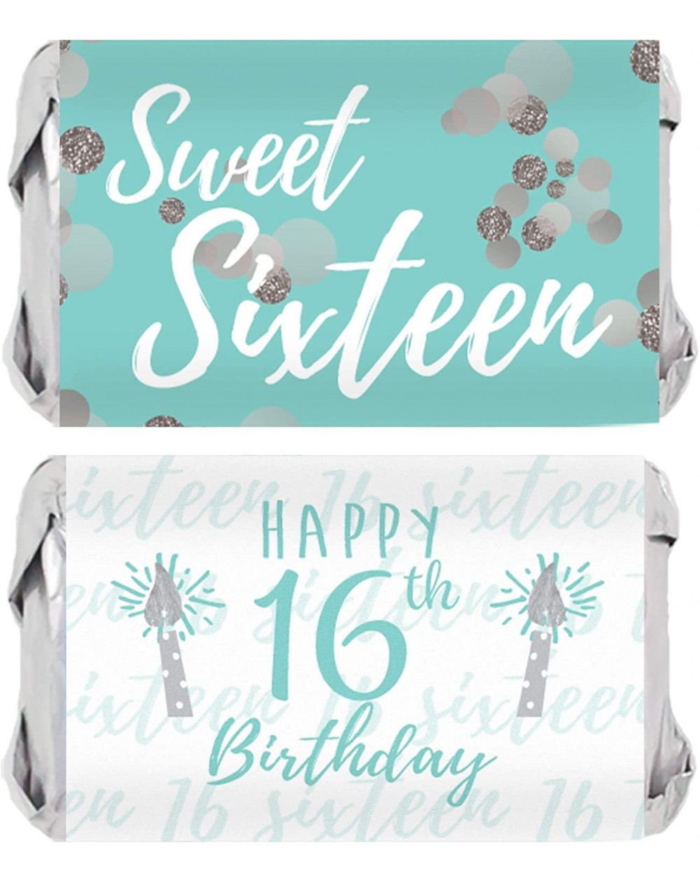 Favors Sweet Sixteen 16th Birthday Mini Candy Bar Wrappers- 45 Stickers (Blue and Silver) - Blue and Silver - CA186MK8URL $9.70