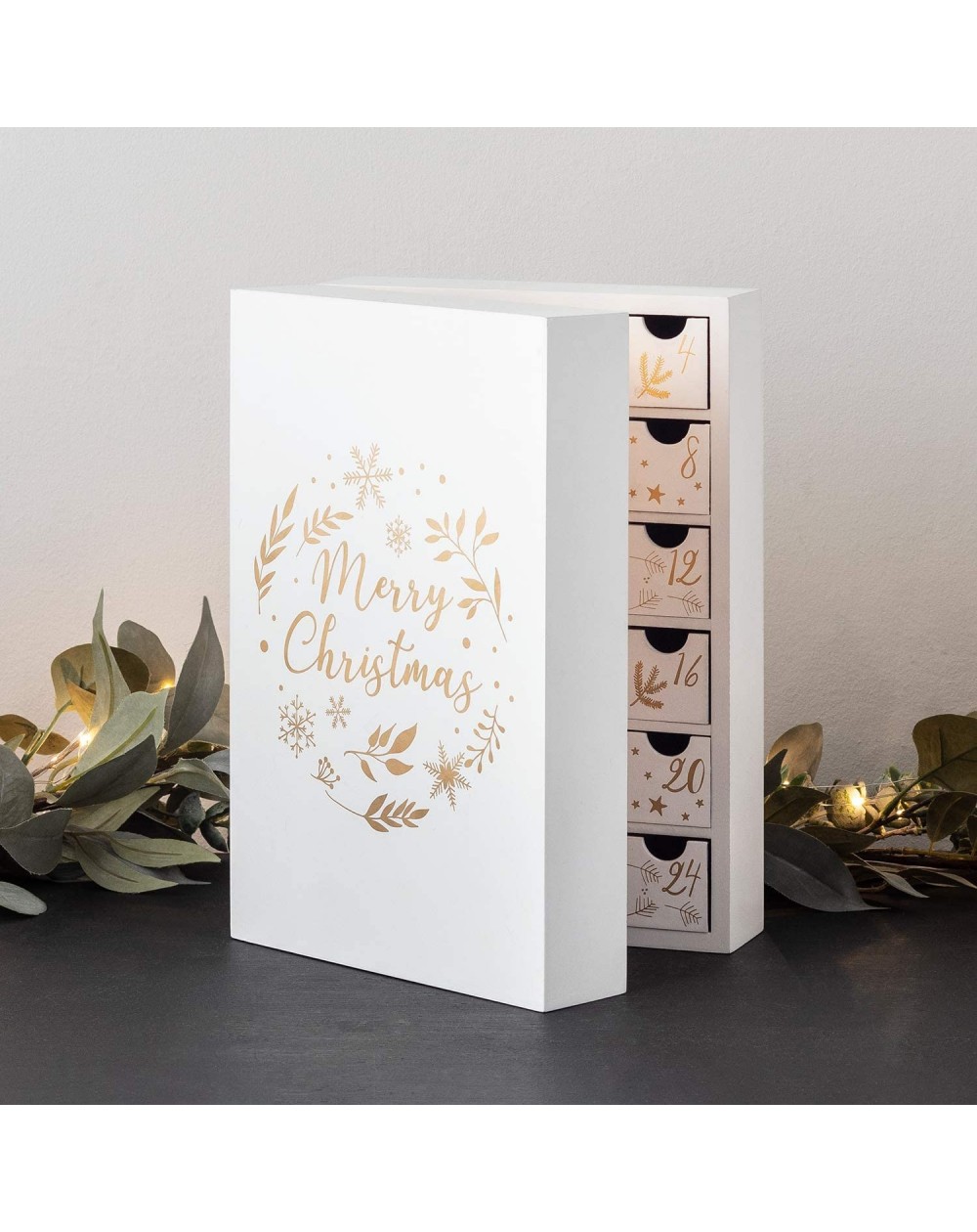 Pre Lit Battery Operated LED Fold Out White Wooden Advent Calendar with ...