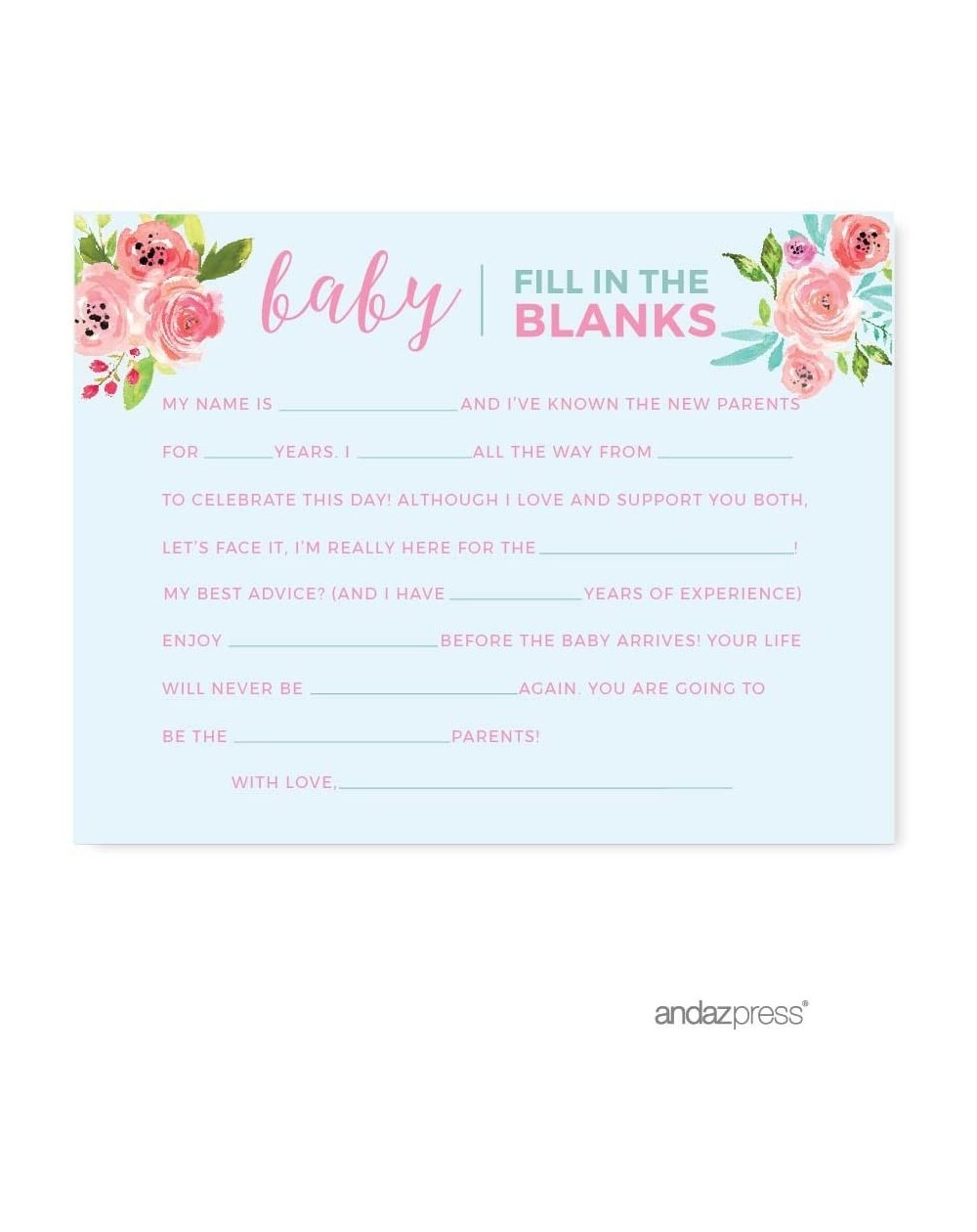 Favors Pink Roses English Tea Party Tea Party Baby Shower Collection- Baby Fill in The Blanks Cards- 20-Pack- Games Activitie...