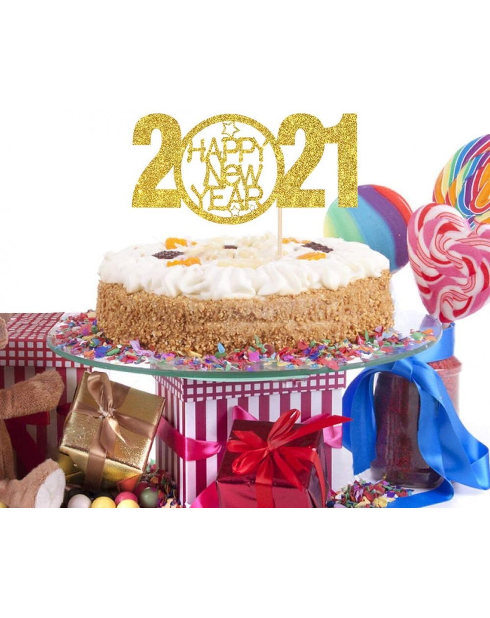 Gold Glitter Happy New Year 2021 Cake Topper - Hello 2021- Welcome 2021- Cheers to 2021 Cake