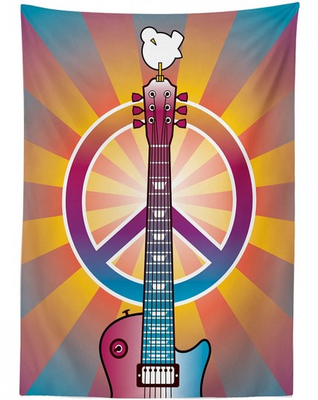 Tablecovers Retro Outdoor Tablecloth- Colorful Guitar and Peace and Dove Dedicated to The Woodstock Tribute- Decorative Washa...