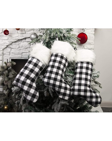 Stockings & Holders Christmas Stockings 3 Pack 18" Big Xmas Stockings- Classic Buffalo White Black Plaid with Snowy White Fau...