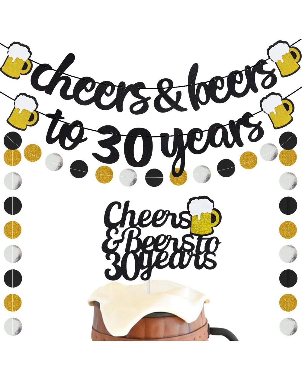 Banners & Garlands 30 Years Anniversary Decorations - Cheers & Beers to 30 Years Banner with 30th Years Old Cake Topper Black...