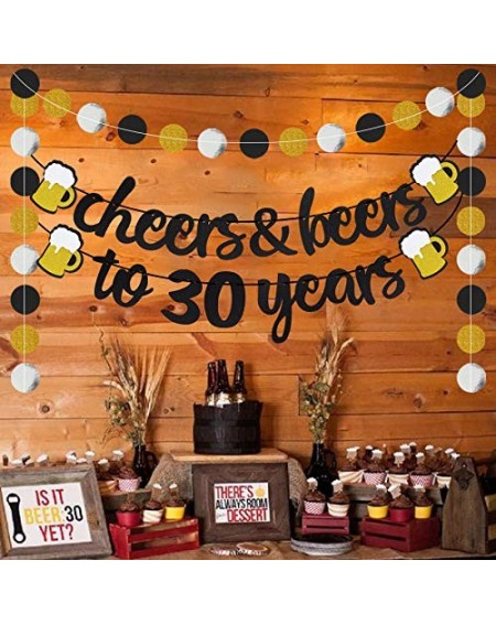 Banners & Garlands 30 Years Anniversary Decorations - Cheers & Beers to 30 Years Banner with 30th Years Old Cake Topper Black...