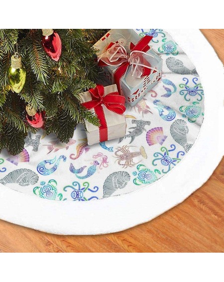 Tree Skirts Christmas Tree Skirt- 36" Faux Fur Plush Round Xmas Tree Mat- Marine Pattern Carpet Apron for Holiday Party Ornam...