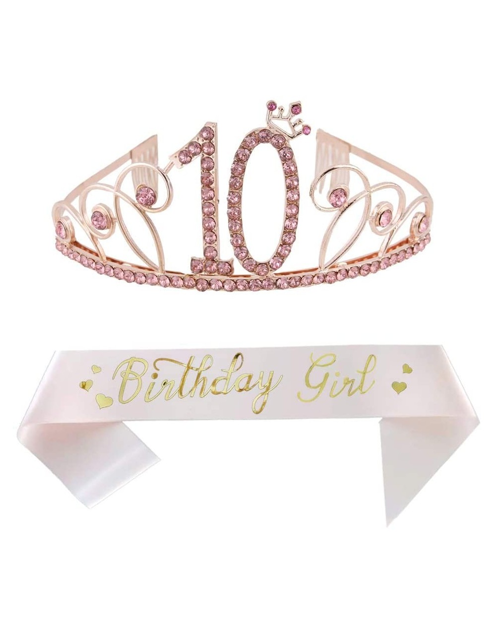 Party Packs 10th Birthday Pink Tiara and Pink Sash Happy 10th Birthday Party Supplies Birthday Girl Glitter Satin Sash and Cr...