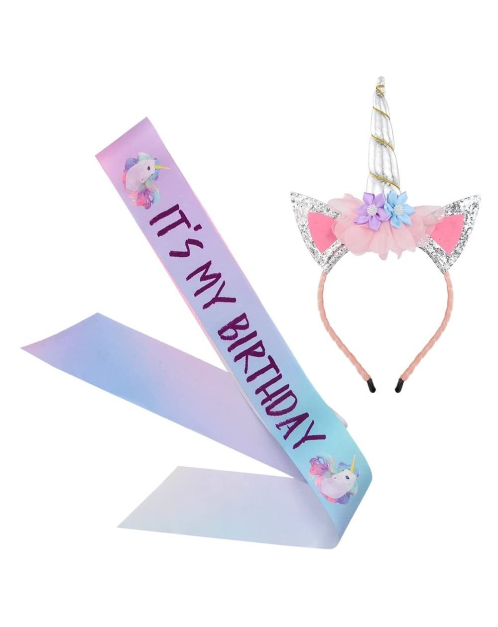 Party Favors Unicorn Birthday Set- Shiny Unicorn Headband and Birthday Sash Set Perfect Unicorn Theme Birthday Party Supplies...