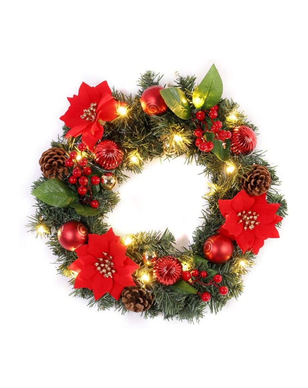 Wreaths Spruce Christmas Wreath with Battery Operated LED String Lights Holly Xmas Wreath Front Door Hanging Garland Holiday ...