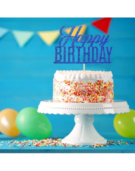 Cake & Cupcake Toppers Blue Glitter Happy Birthday Cake Topper- Anniversary Party- Birthday Sign Cake Topper- Adults Children...