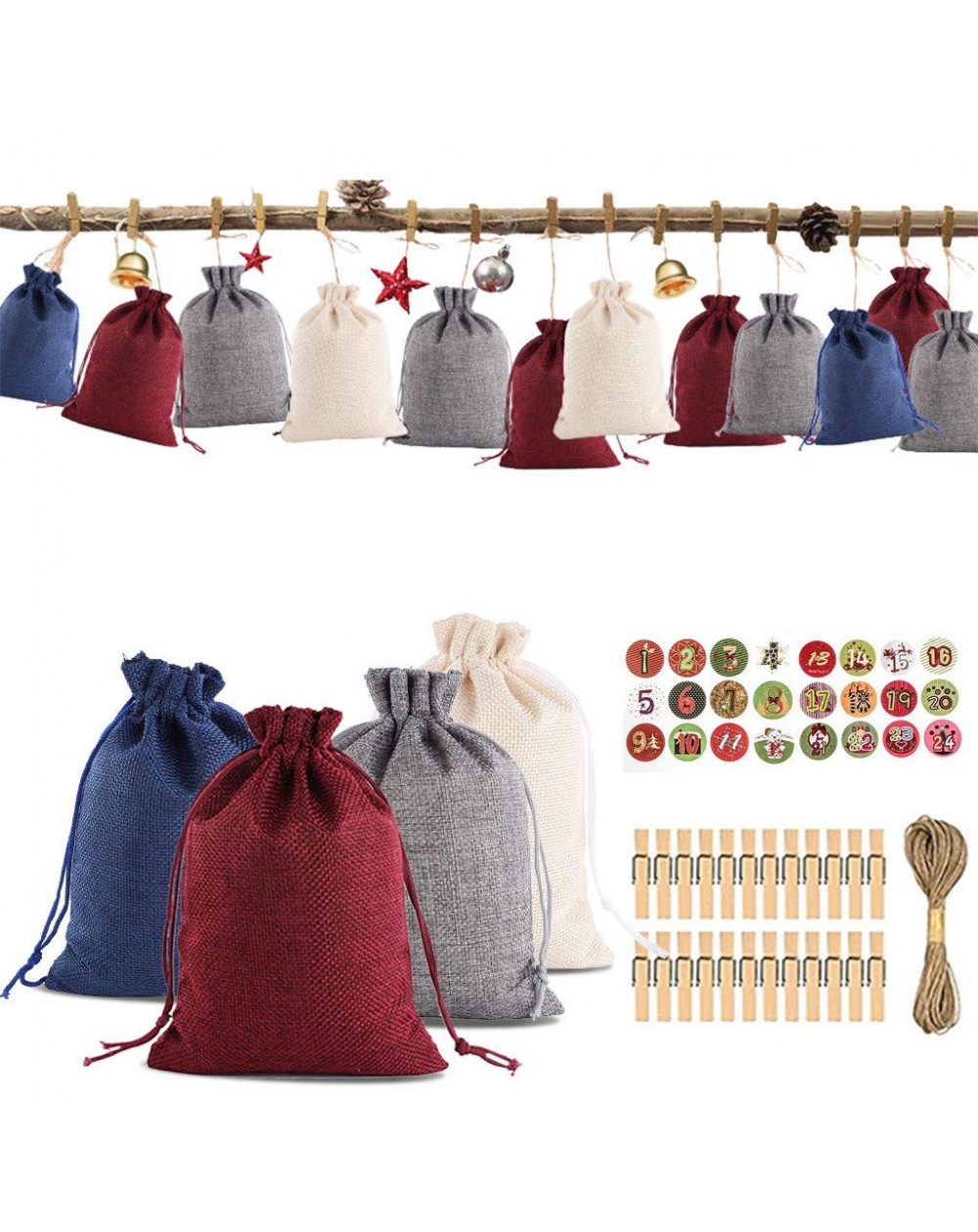 Advent Calendars Christmas Advent Calendar 2020- 24 Days Burlap Hanging Advent Calendars Christmas Candy Gift Bags Drawstring...