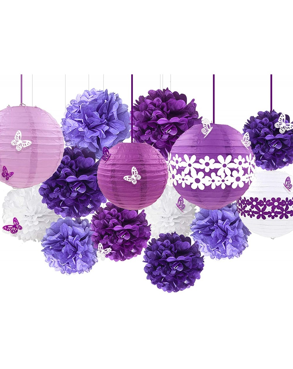 Tissue Pom Poms 38Pcs Purple White Party Decoration Kit Lanterns with Flower Pom Poms and Paper 3D Butterfly Stickers for Bir...