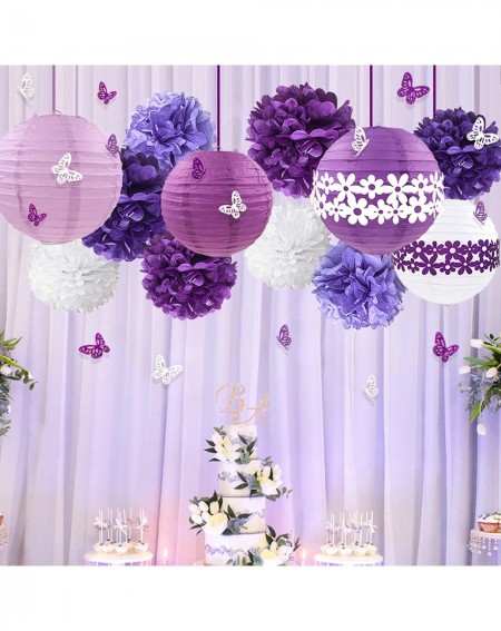 Tissue Pom Poms 38Pcs Purple White Party Decoration Kit Lanterns with Flower Pom Poms and Paper 3D Butterfly Stickers for Bir...