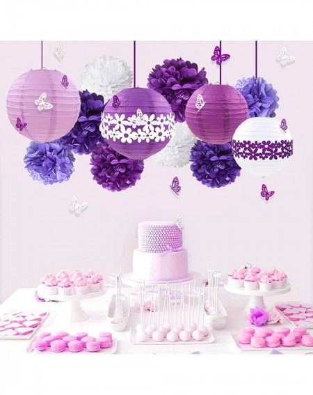 Tissue Pom Poms 38Pcs Purple White Party Decoration Kit Lanterns with Flower Pom Poms and Paper 3D Butterfly Stickers for Bir...