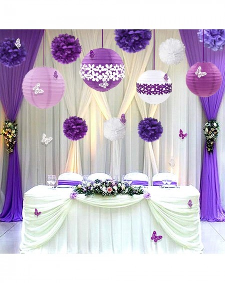 Tissue Pom Poms 38Pcs Purple White Party Decoration Kit Lanterns with Flower Pom Poms and Paper 3D Butterfly Stickers for Bir...