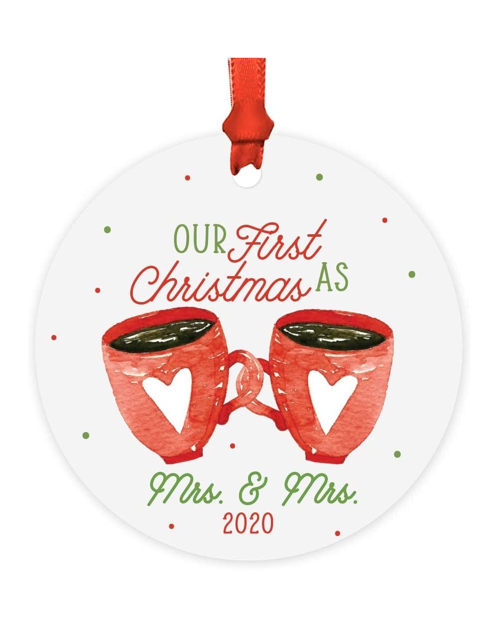 Ornaments Round Metal Christmas Tree Ornament Lesbian Couple's Wedding Gift- Our First Christmas as Mrs. & Mrs- Hot Cocoa Hea...